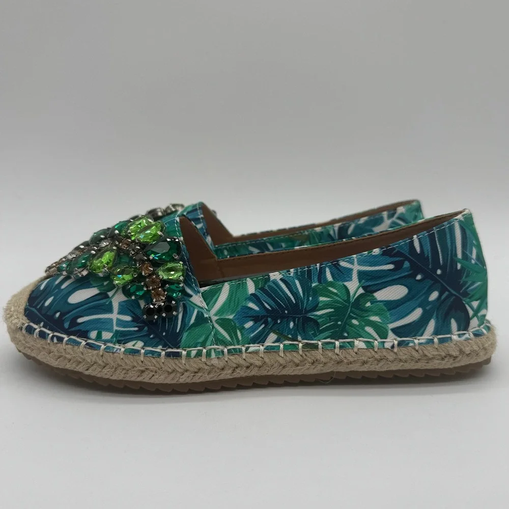 Lauren Lorraine Green Multi Tropical Jeweled Espadrille Flats Women's Size 6 New